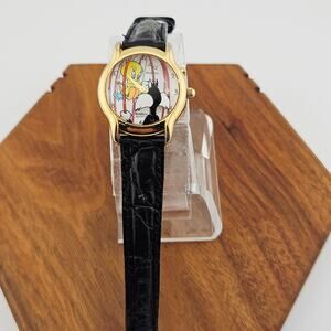 Vintage Armitron Sylvester & Tweety Bird Watch Black Leather Band Needs TLC